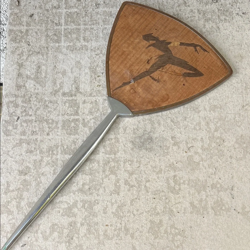 Vintage Wood Inlay and Metal Handle Decorative Handheld Mirror 14.25” Length